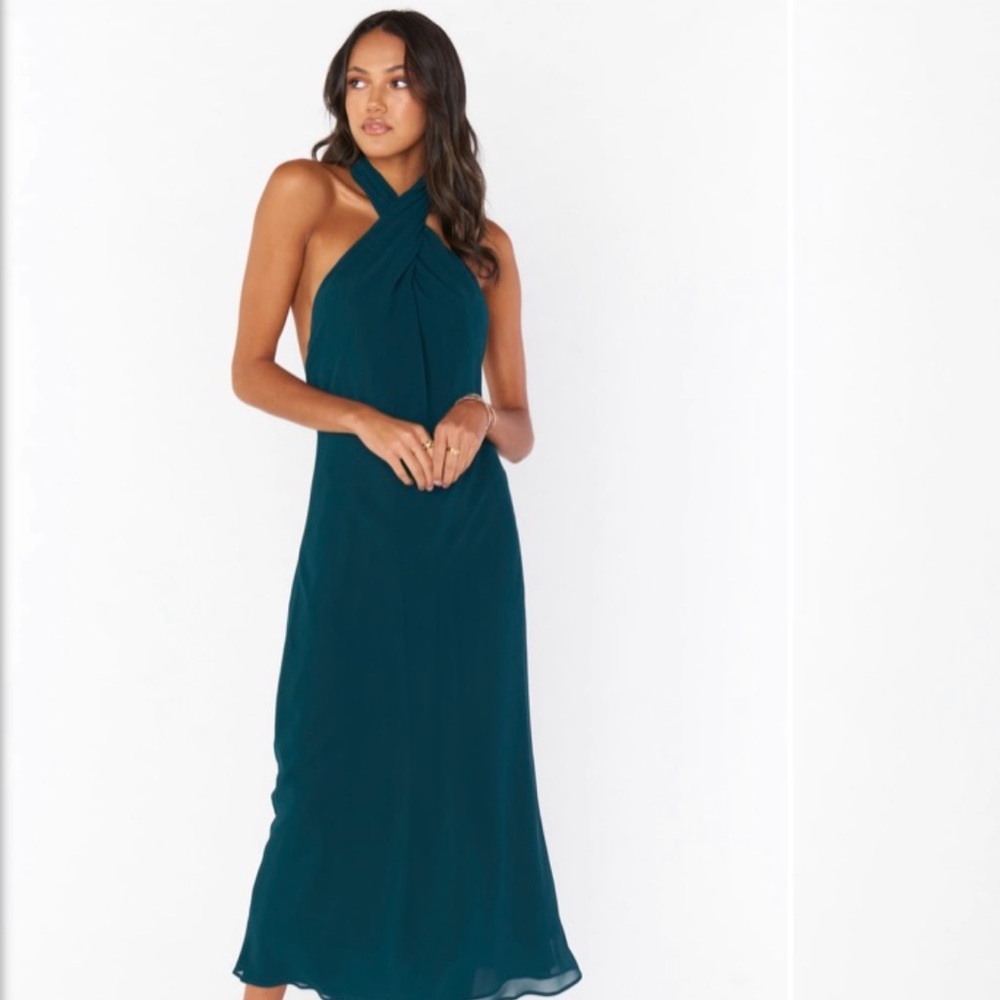 Show Me Your Mumu Jasmine Halter Midi Dress in Emerald Chiffon size S
